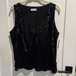 Nine West Black Sequin V Neck Sleeveless Blouse NWT
